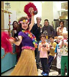 Hula dancing by entertainer Daisy Doodle at kids Hawaiian birthday party in Westchester NY