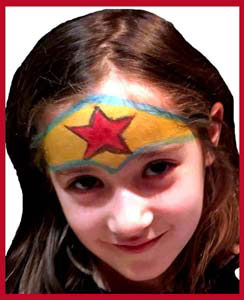 Girl got superhero wonder woman facepainting at kids party in Queens NY